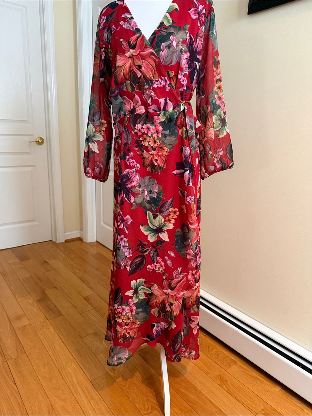 Sweet Pea Red Floral Long Sleeve Wrap Dress NWOT